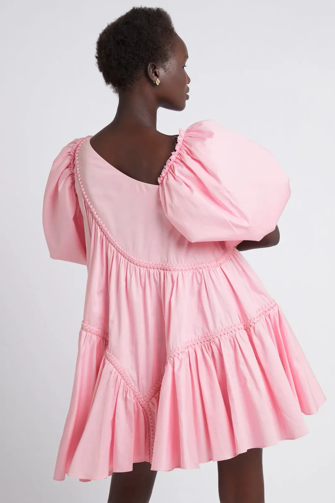 Aje Casabianca Braided Asymmetric Puff Sleeve Mini Dress Pink Size 8 for rent on The Volte - main image