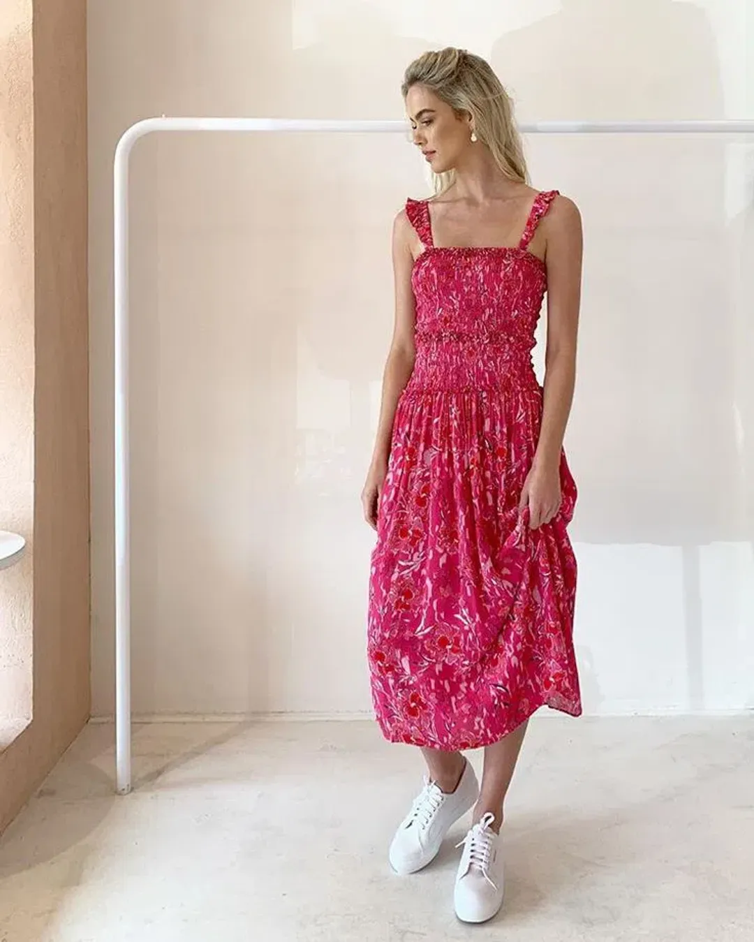 Steele Bahati Shirred Midi Dress Pink Print Size S for rent on The Volte - main image