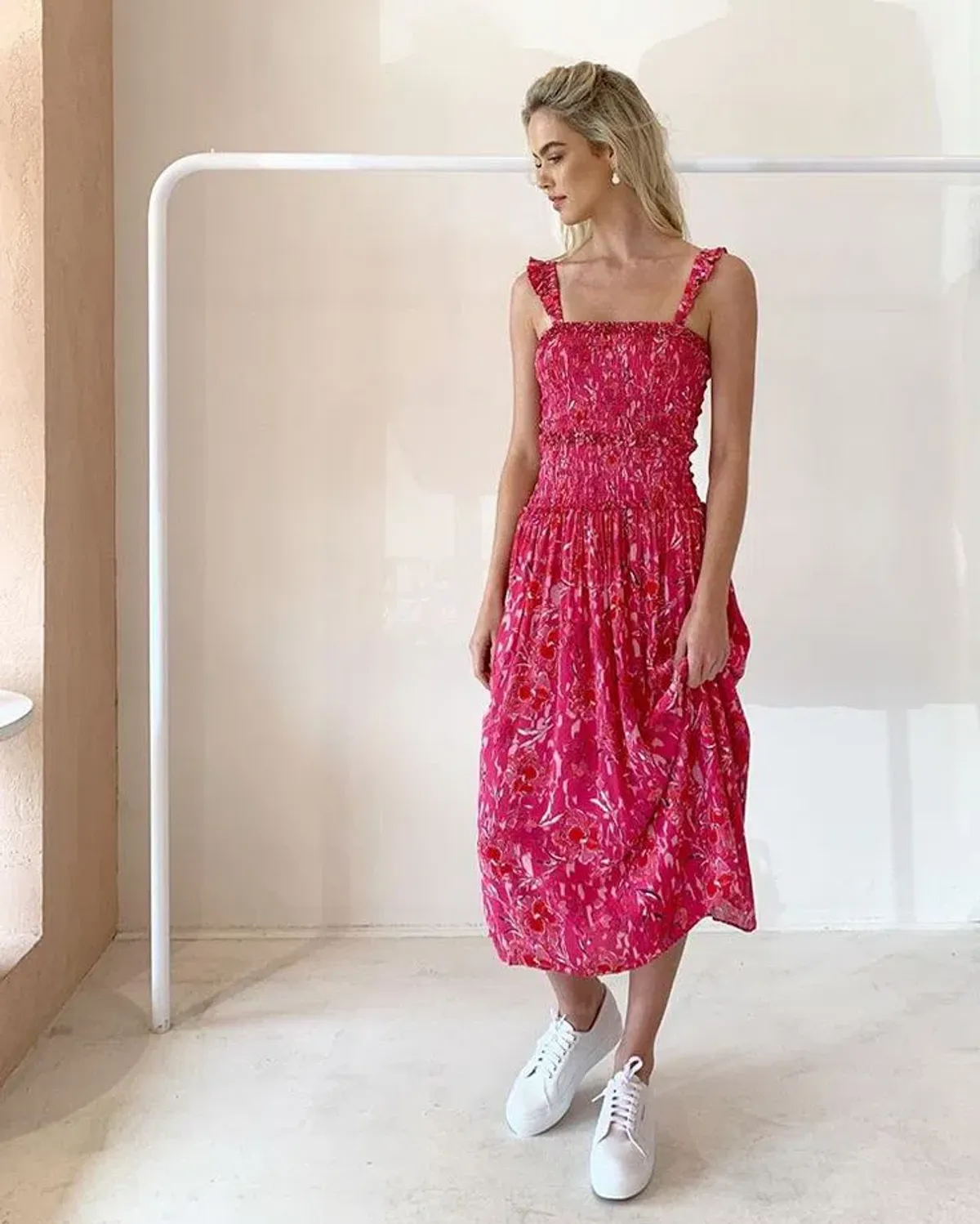 Steele Bahati Shirred Midi Dress Pink Print Size S for rent on The Volte - main image