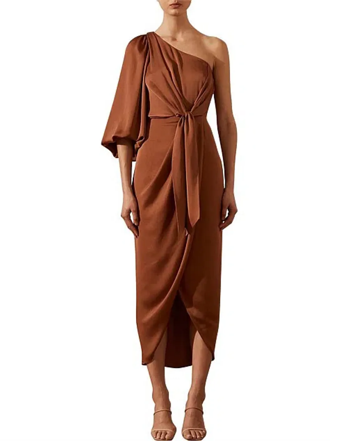 Shona Joy Luxe Tie Front One Shoulder Cocktail Dress Mocha Size 10 for rent on The Volte - main image