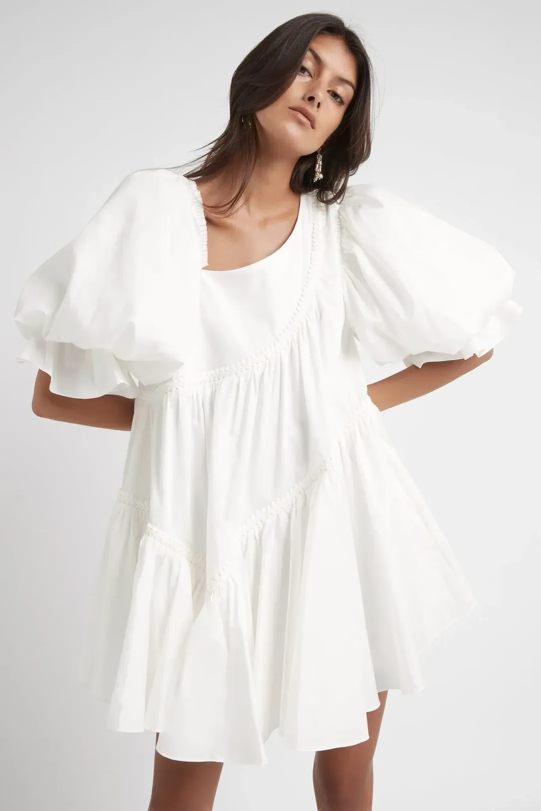 Aje Casabianca Braided Asymmetric Puff Sleeve Mini Dress White Size 14 for rent on The Volte - main image