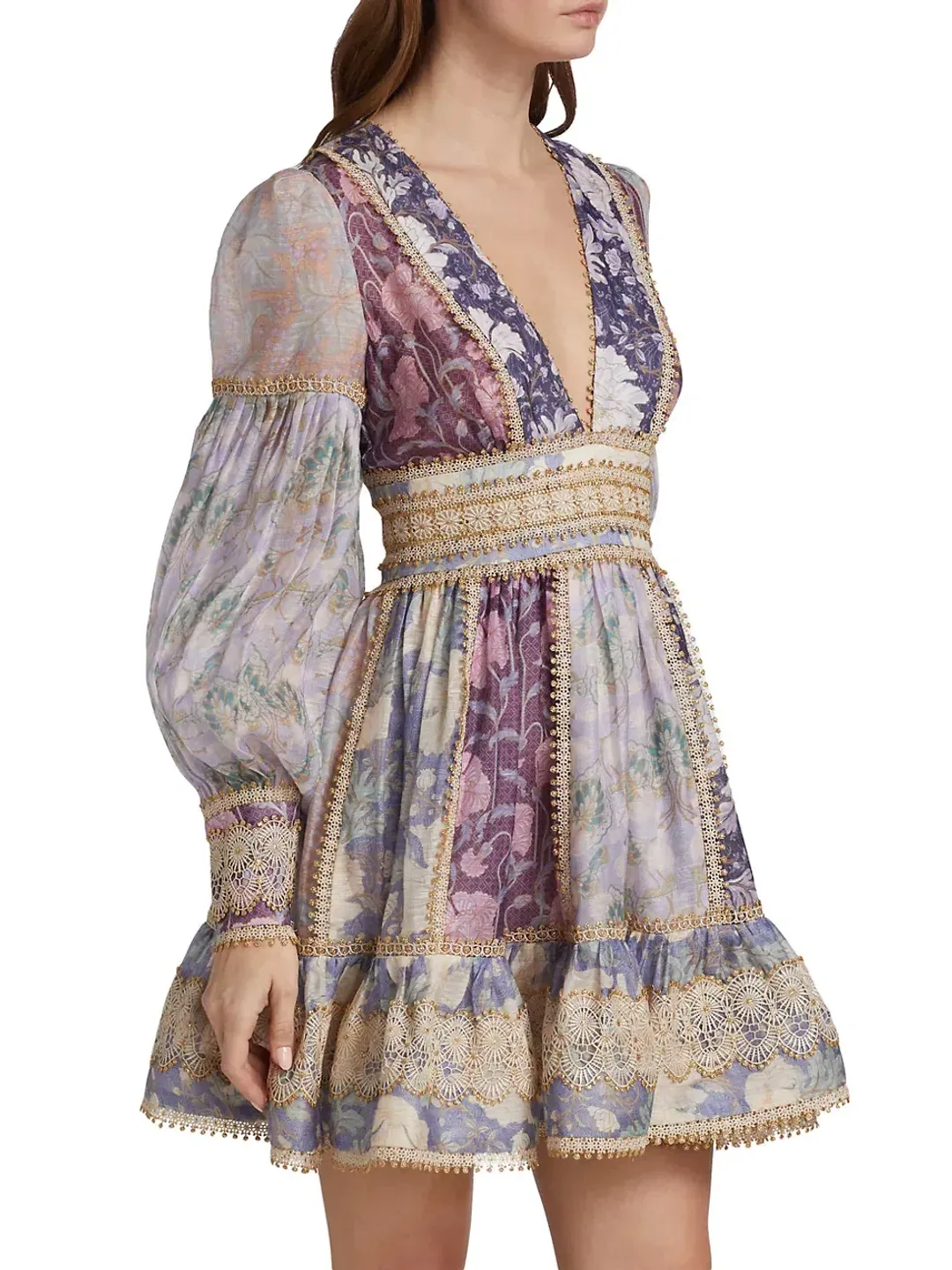 Zimmermann Celestial Lace Panelled Mini Dress Purple Floral Size 1 / Au 10 for rent on The Volte - main image