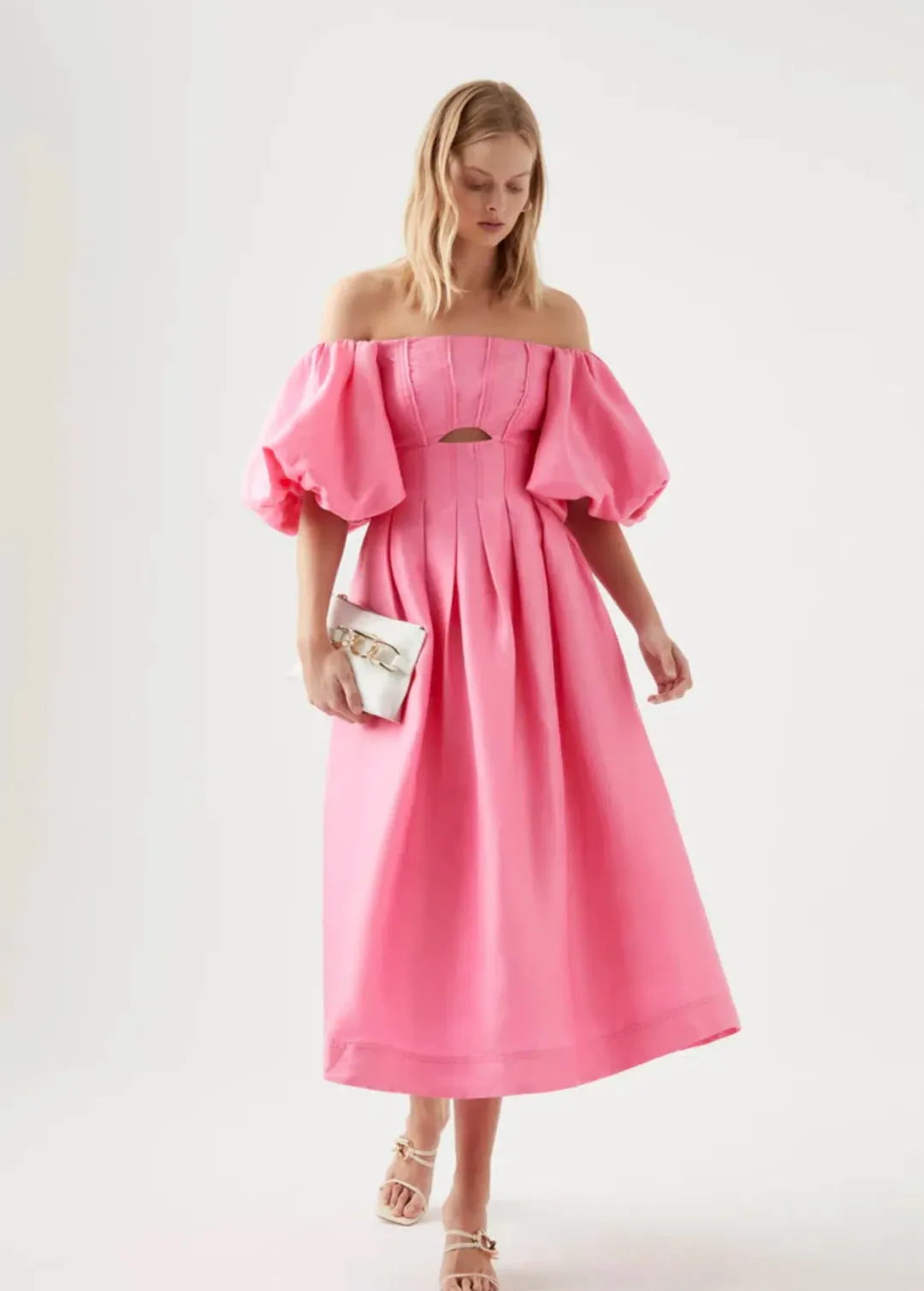 Aje Eugenie Off Shoulder Midi Dress Pink Size 10 for rent on The Volte - main image