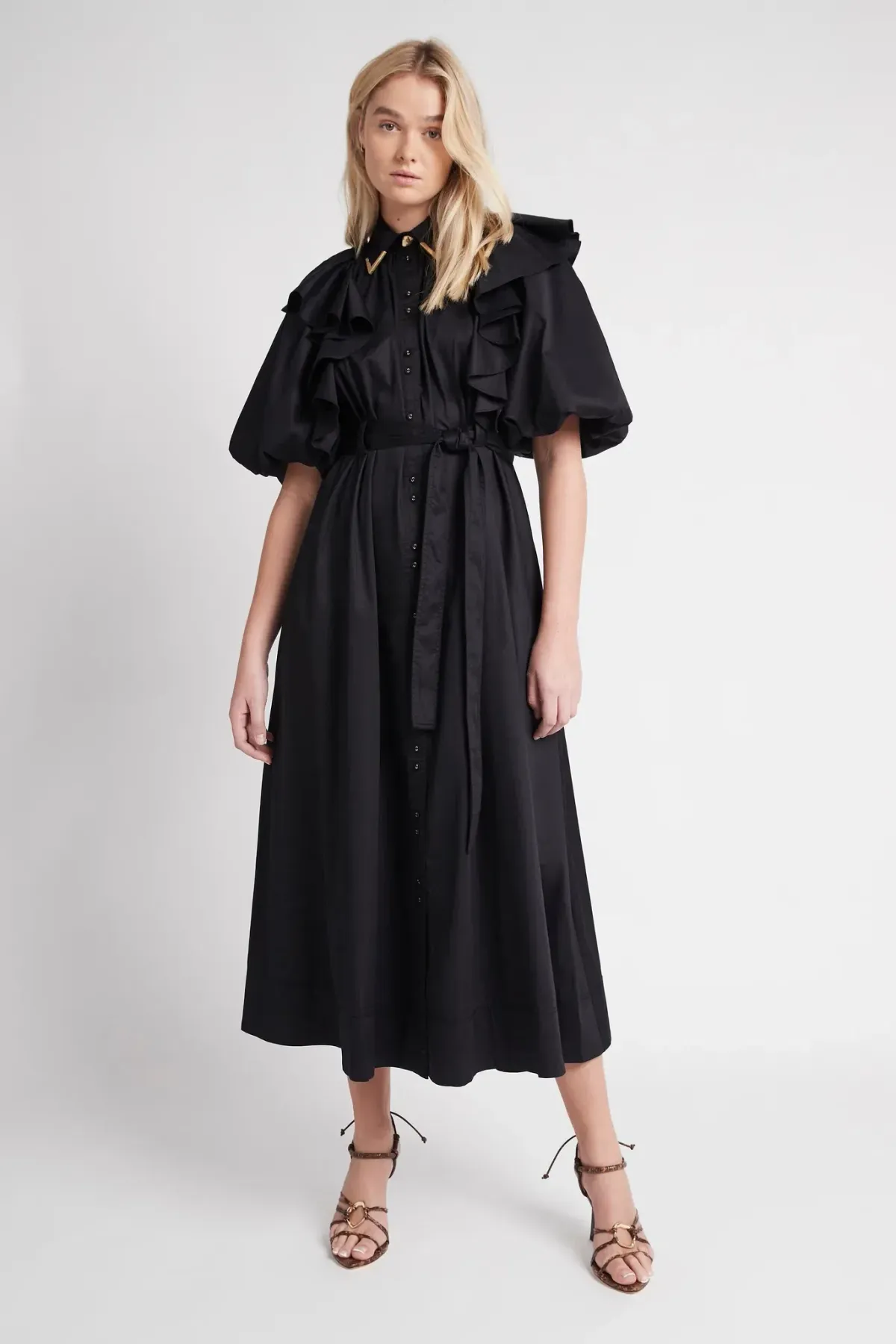 Aje Poised Frill Sleeve Midi Dress Black Size 10 for rent on The Volte - main image