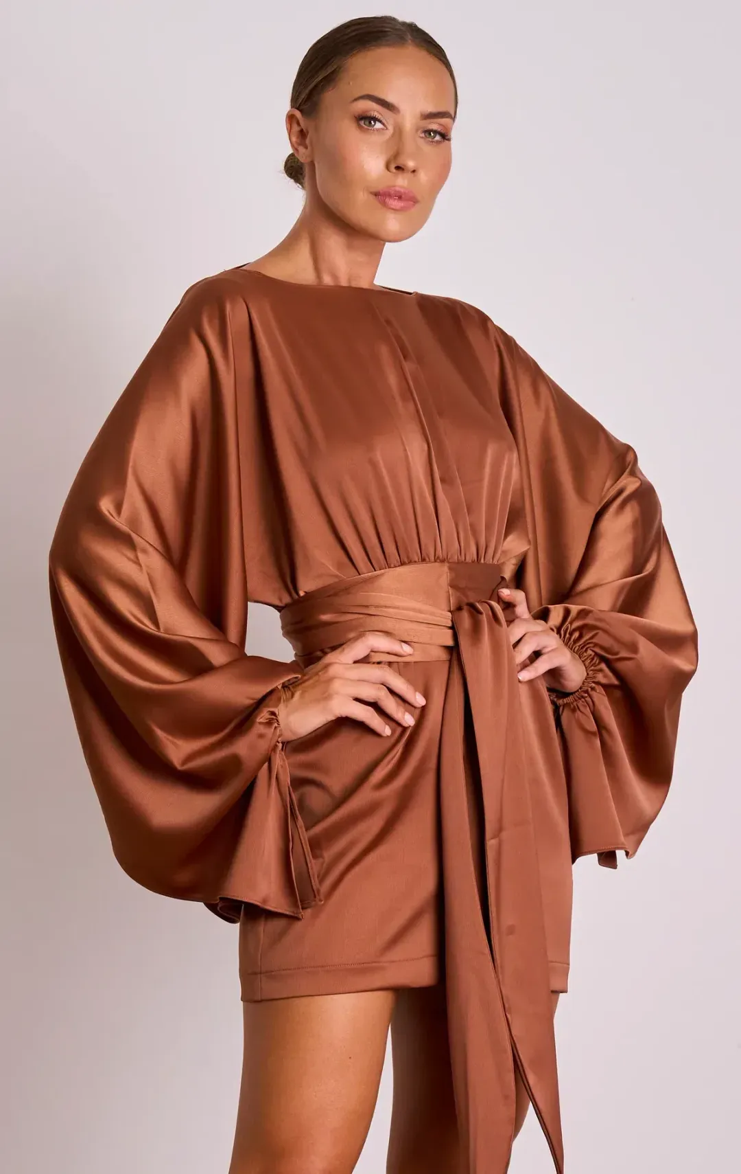 Pasduchas Mika Drape Mini Dress Brown Size 10  for rent on The Volte - main image