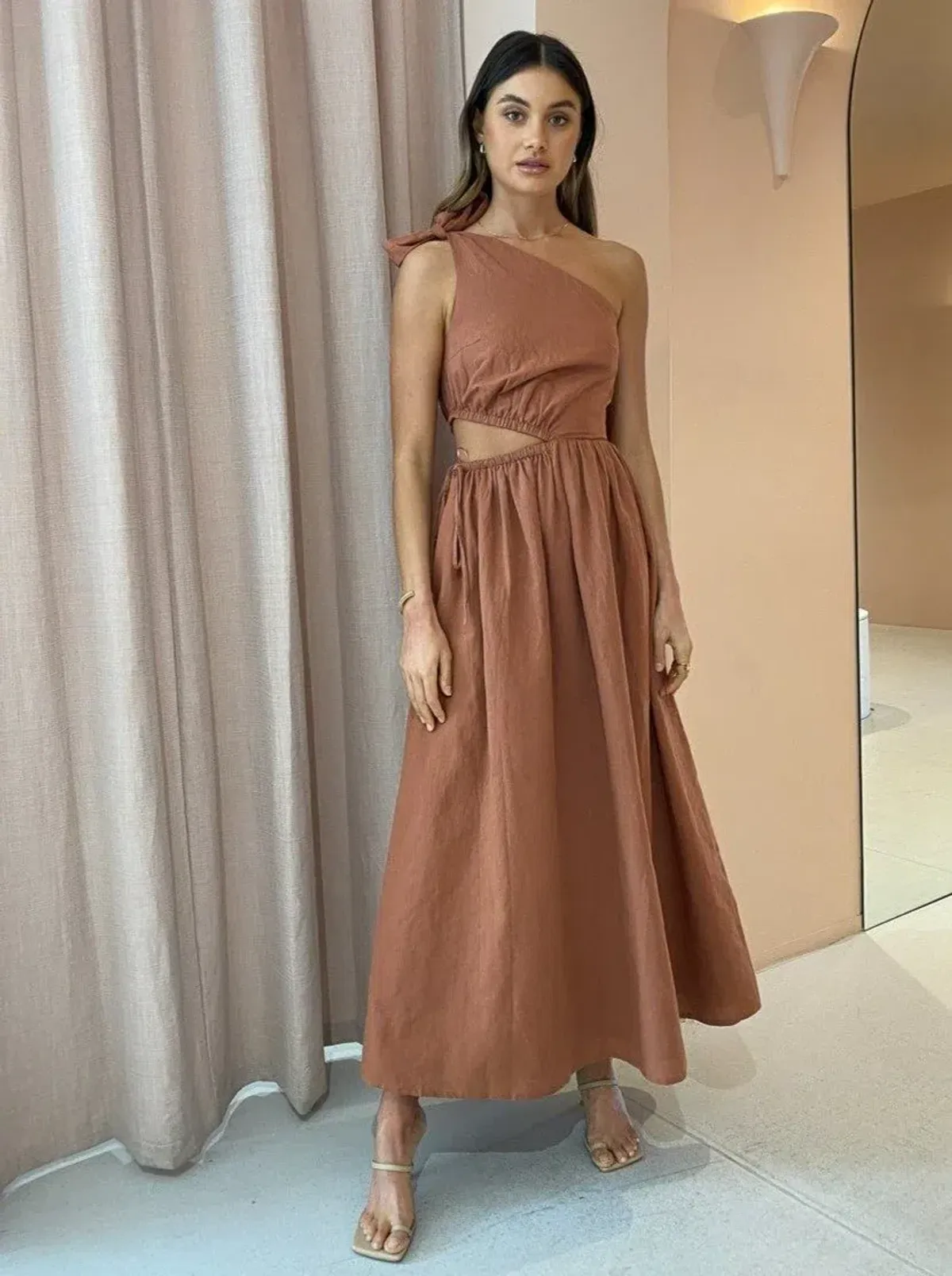 By Nicola Gabriella One Shoulder Midi Dress Desert Brown Size 6 for rent on The Volte - main image