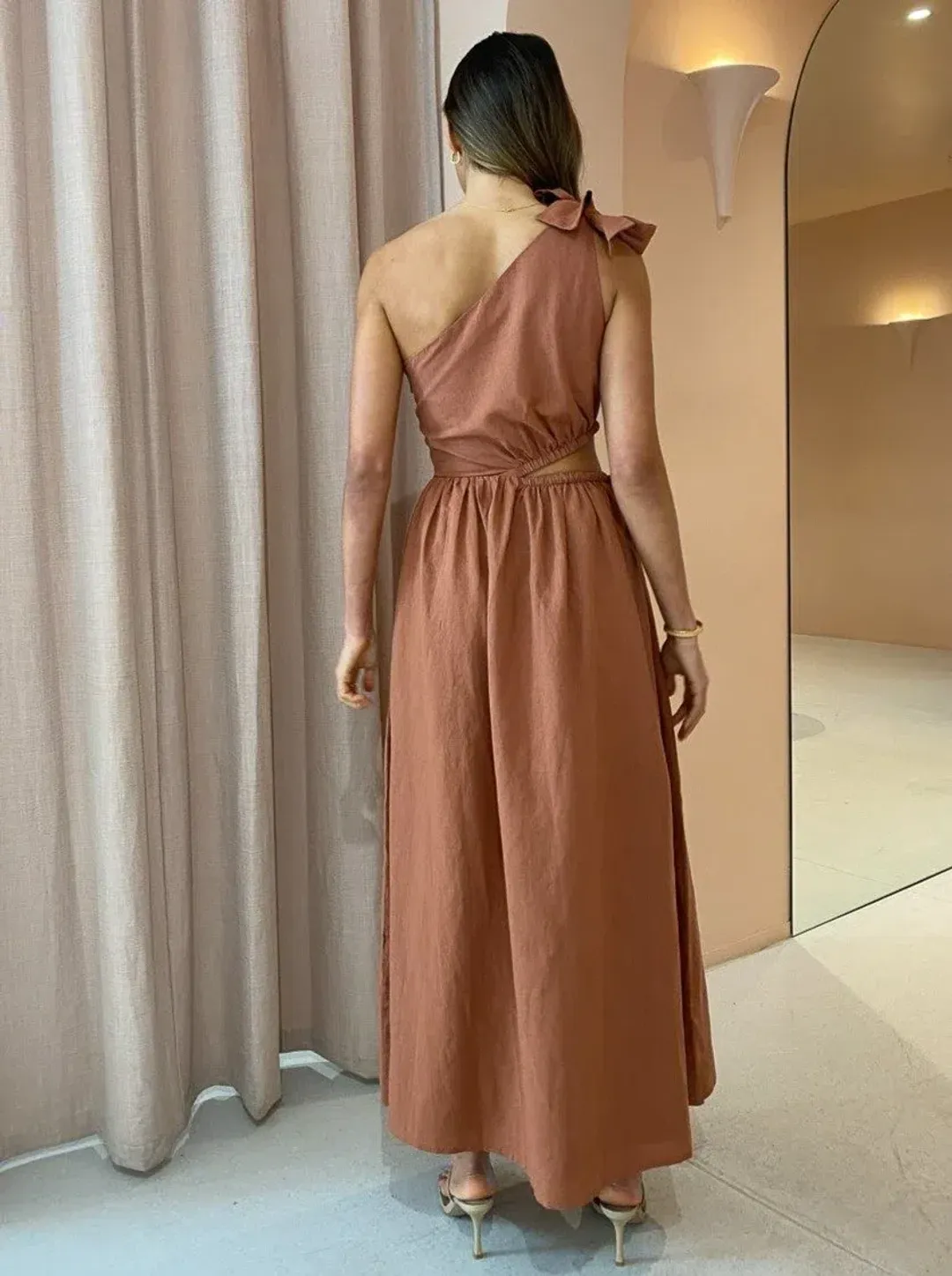 By Nicola Gabriella One Shoulder Midi Dress Desert Brown Size 6 for rent on The Volte - main image