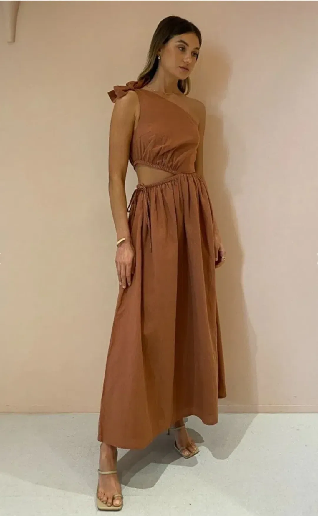 By Nicola Gabriella One Shoulder Midi Dress Desert Brown Size 6 for rent on The Volte - main image