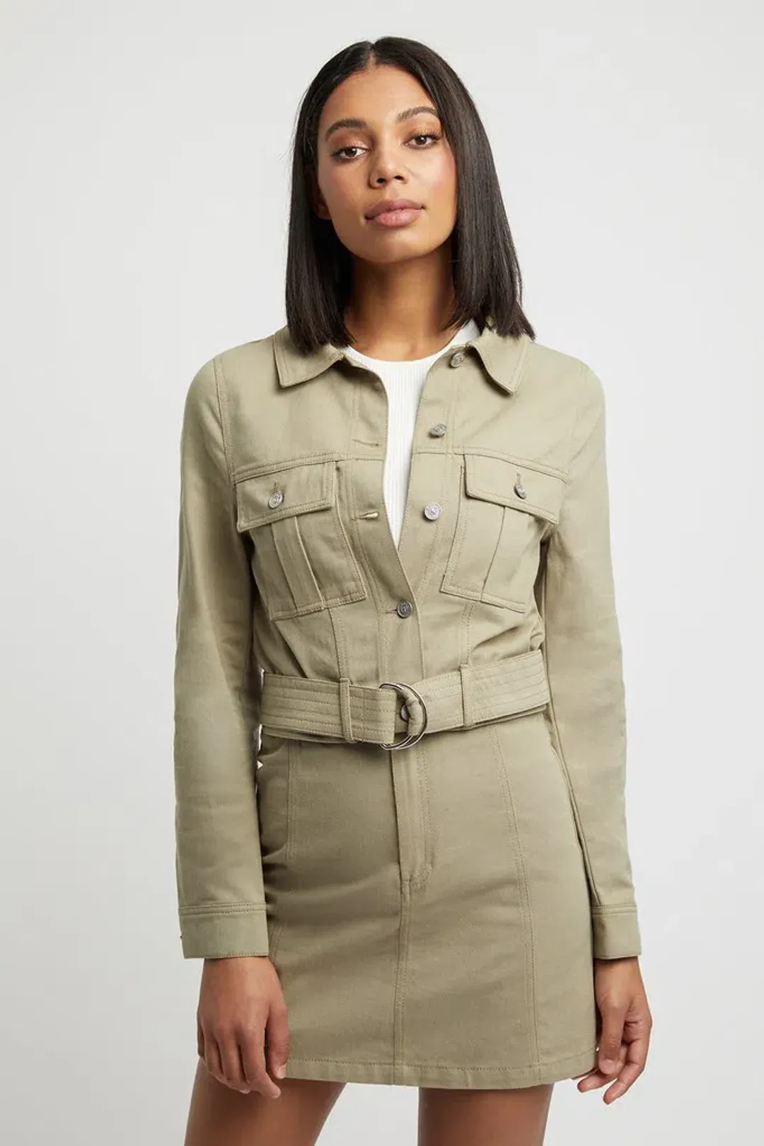 Kookai Dublin Belted D-Ring Jacket in Moss Gray Green Size 10 for rent on The Volte - main image