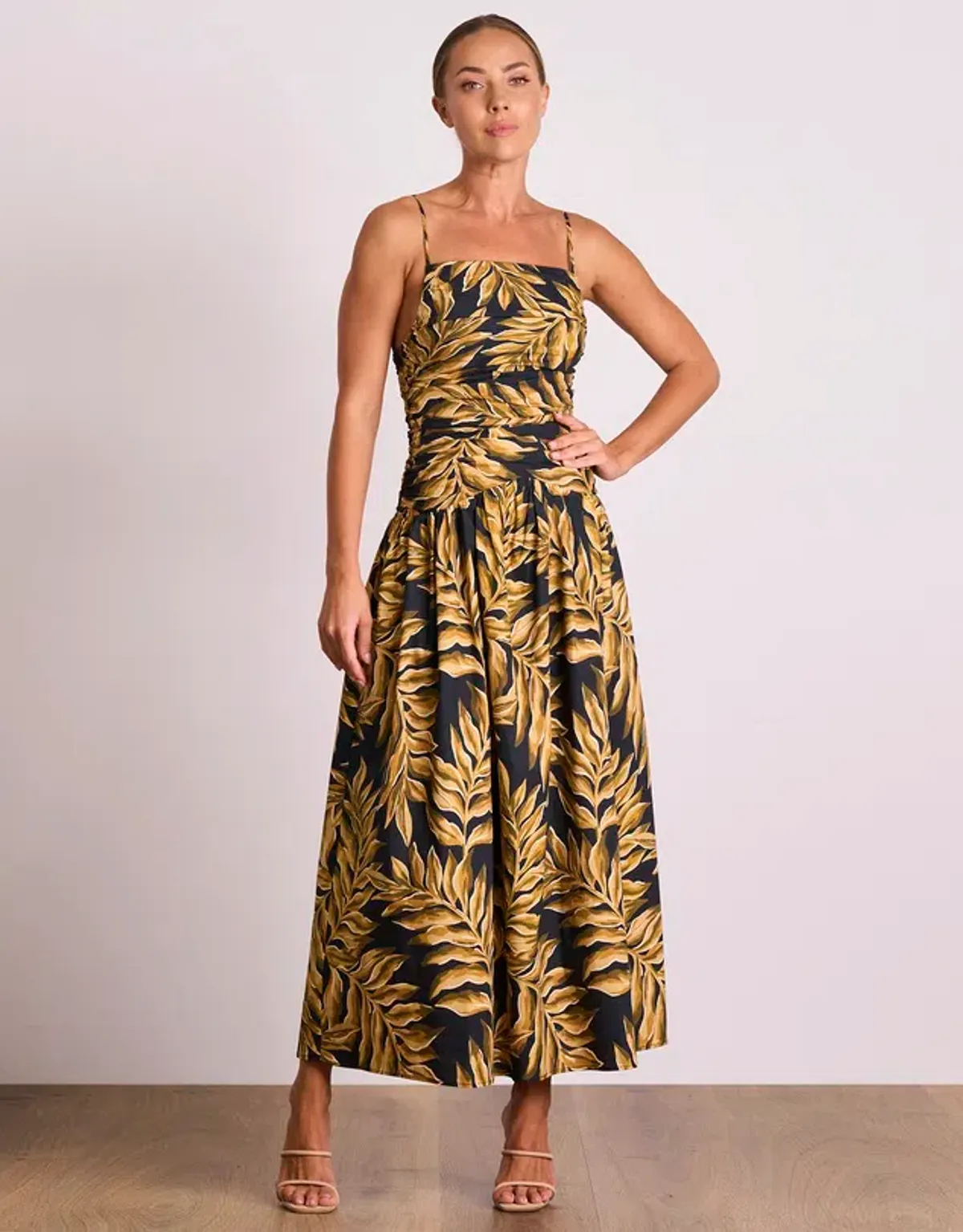 Pasduchas Elody Rouche Midi Dress Black Print Size 8 for rent on The Volte - main image