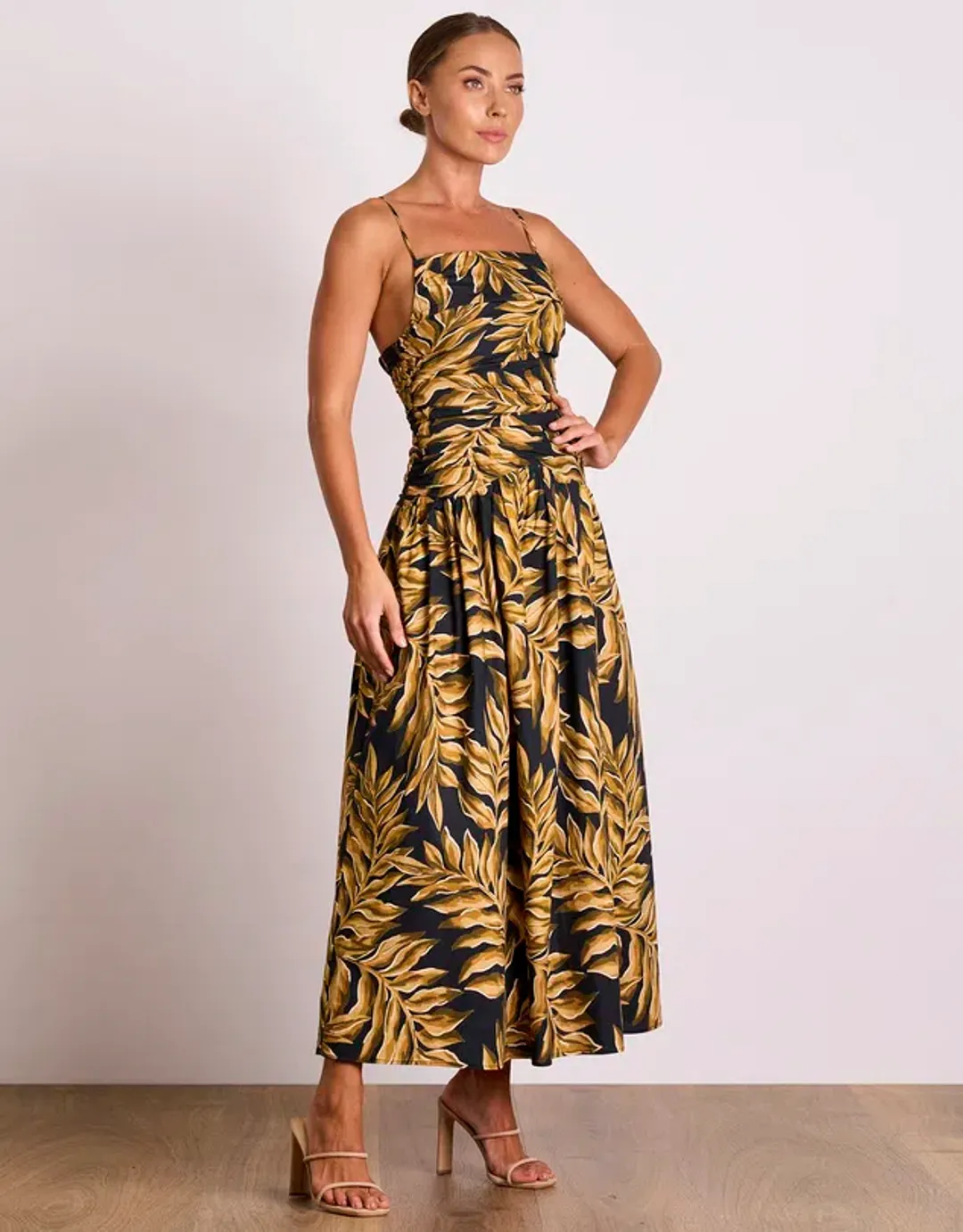 Pasduchas Elody Rouche Midi Dress Black Print Size 8 for rent on The Volte - main image