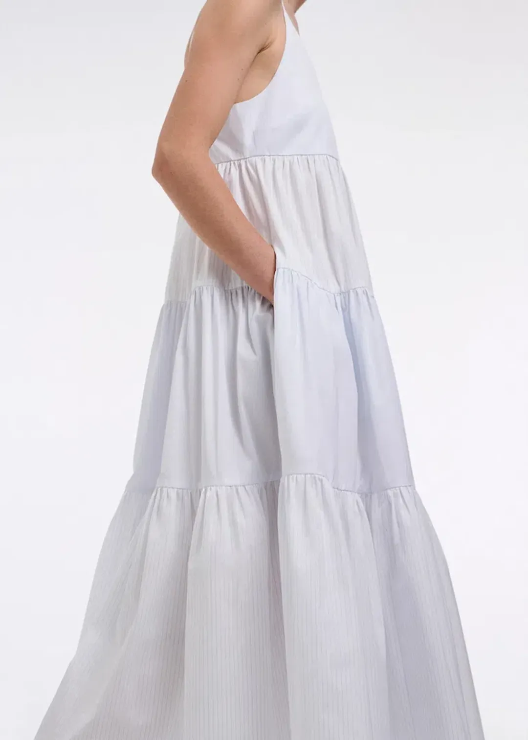 CO Collections V-Neck Tiered Dress in Cotton Blue Stripe Size S / AU 6  for rent on The Volte - main image