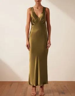 Shona Joy Giorgia Plunged Midi Dress Olive Oil Size 6 for rent on The Volte - image 1