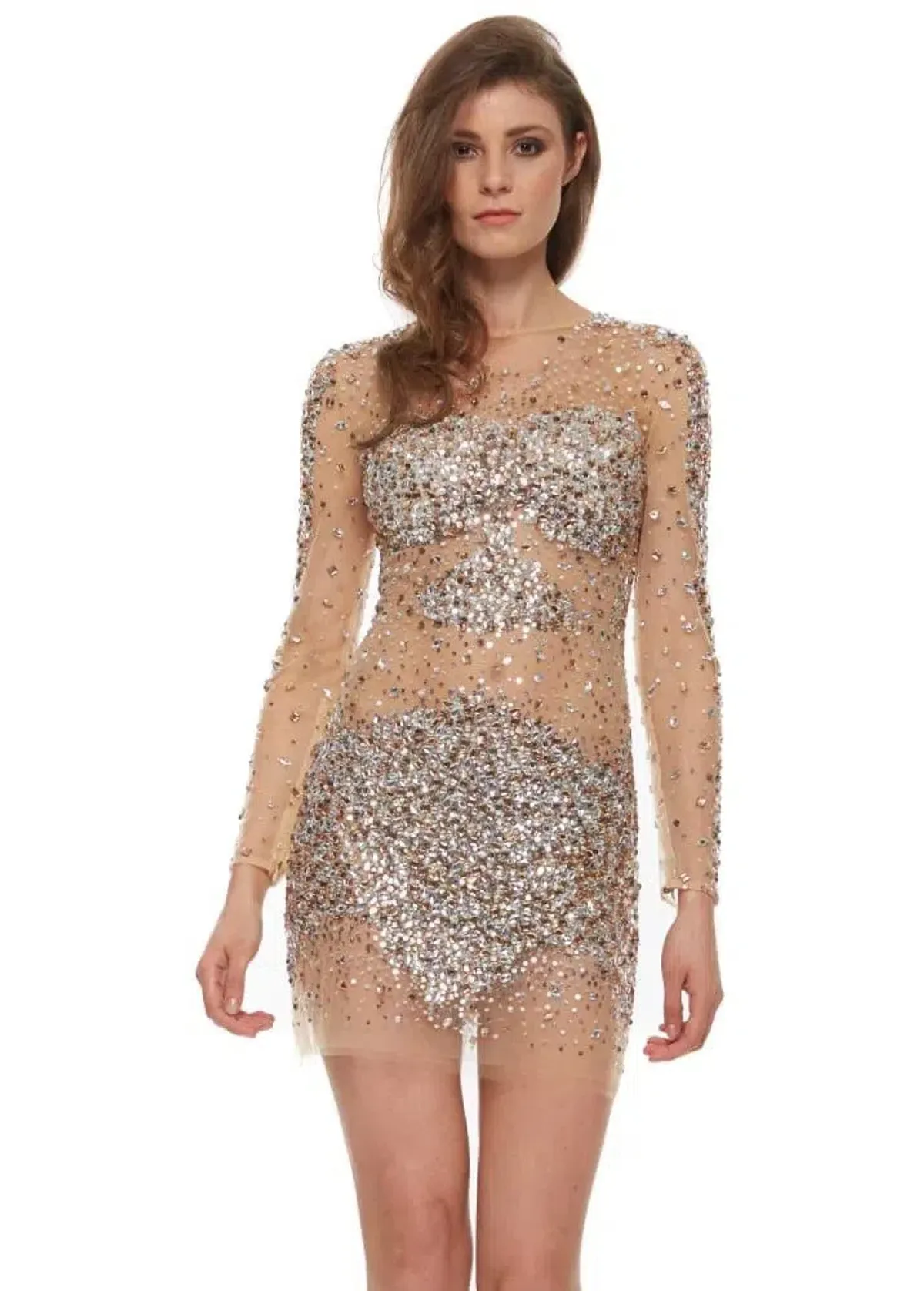 Jovani 7757 Sheer Cocktail Long Sleeve Mini Dress Crystal Beaded Size 8 for rent on The Volte - main image