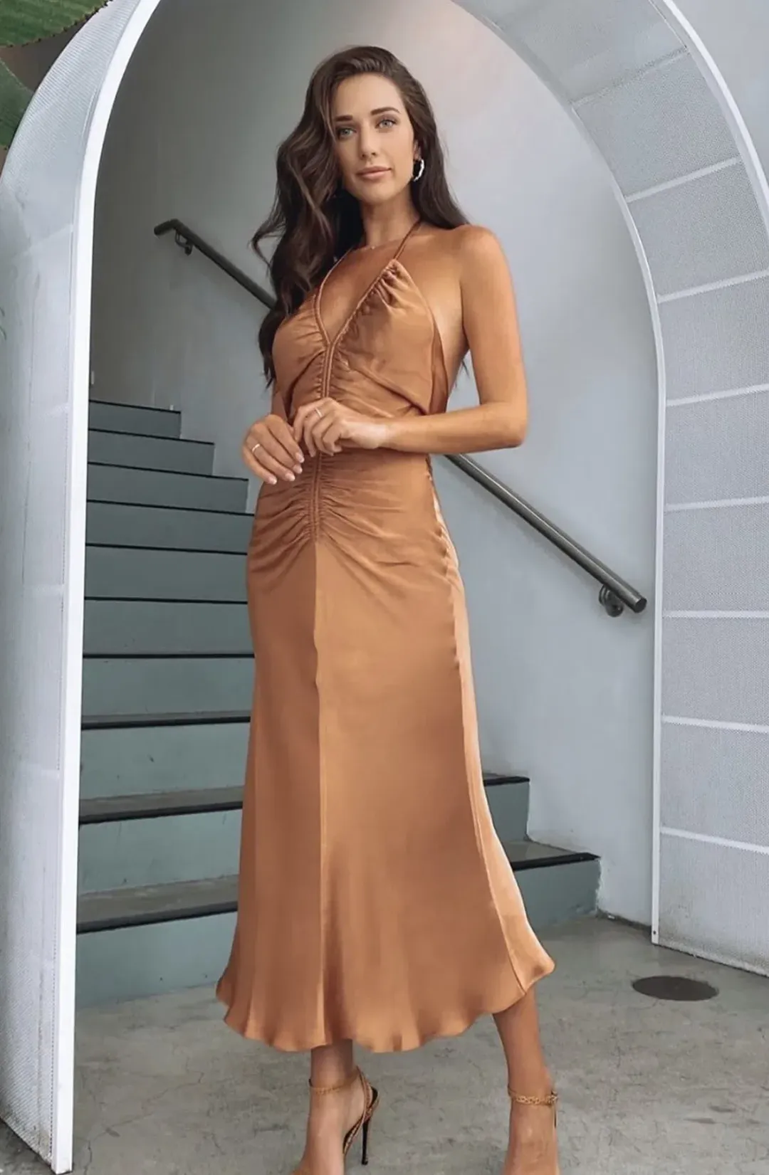 Shona Joy Gala Halter Ruched Midi Dress in Copper Size 8 for rent on The Volte - main image