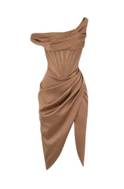 House of CB Lulu Toffee Asymmetric Drape Midi Corset Dress Brown Size 10 for rent on The Volte - image 8