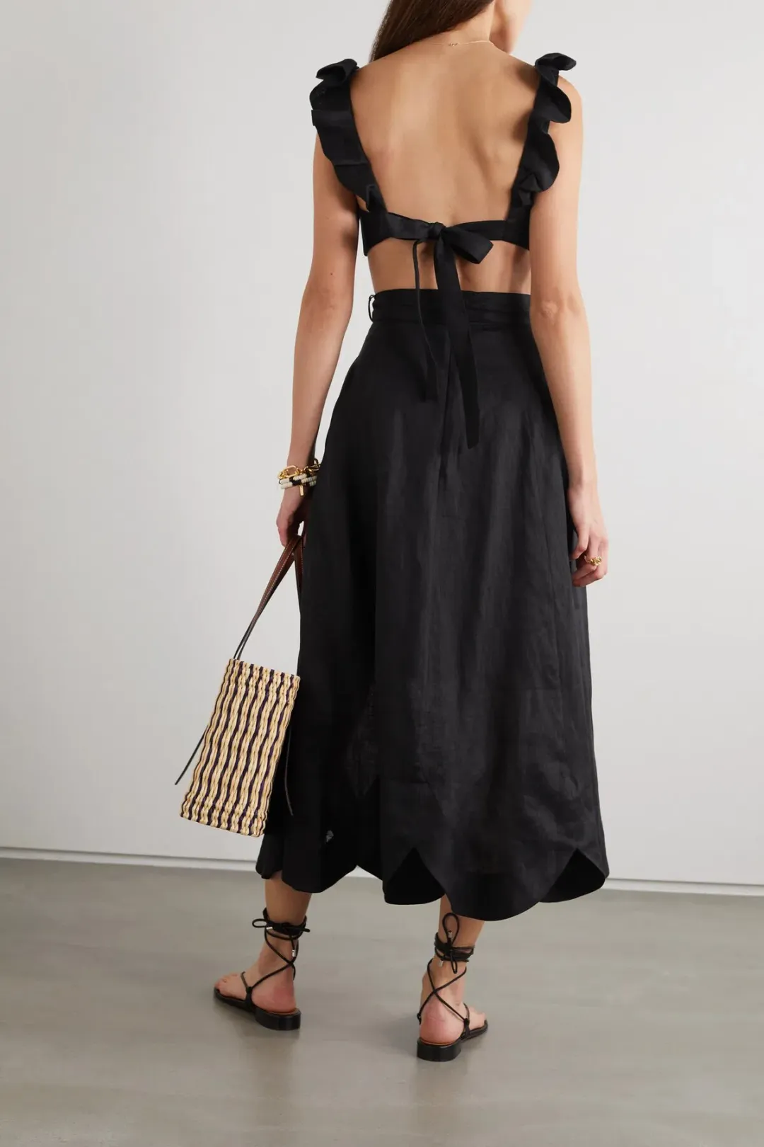 Zimmermann Riders Belted Scalloped Linen Midi Skirt and Bralette Set Black Size 1/AU 10 for rent on The Volte - main image