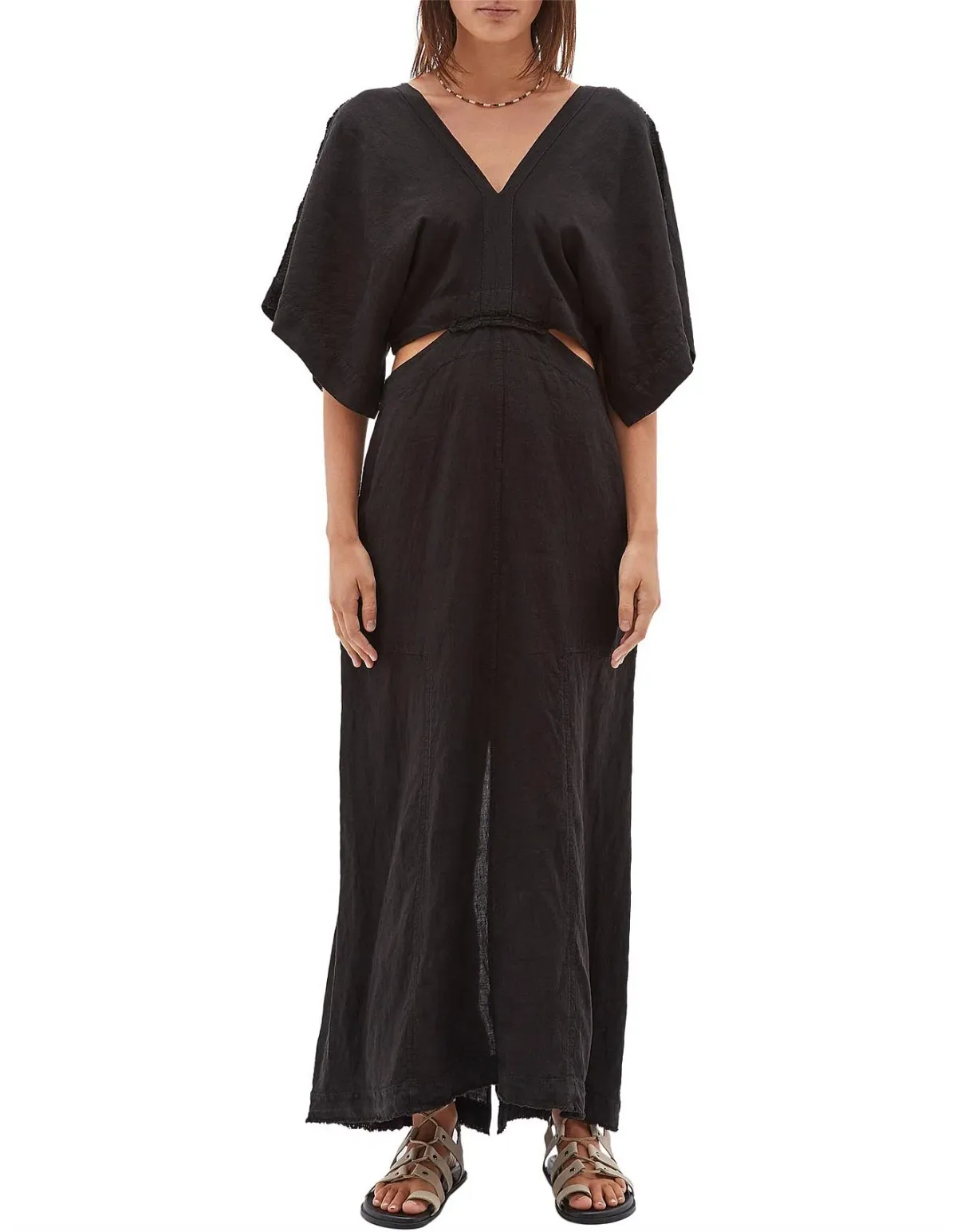 Bassike Linen V Neck Longerline Dress Black Size 12  for rent on The Volte - main image