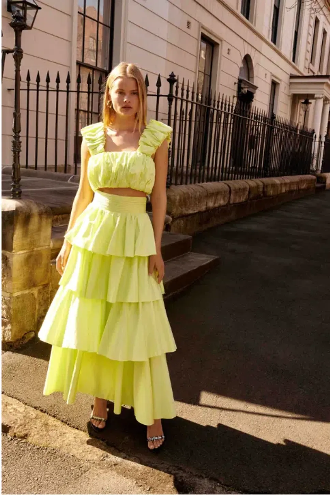 Aje Medina Ruched Cropped Top & Tiered Midi Skirt Set Yellow Size L / Au 12 for rent on The Volte - main image