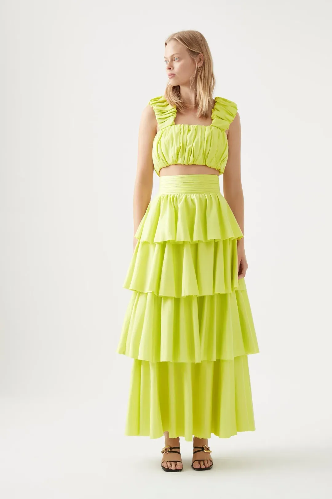 Aje Medina Ruched Cropped Top & Tiered Midi Skirt Set Yellow Size L / Au 12 for rent on The Volte - main image