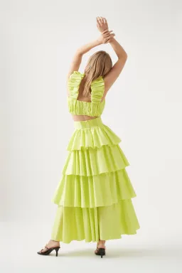 Aje Medina Ruched Cropped Top & Tiered Midi Skirt Set Yellow Size L / Au 12 for rent on The Volte - image 3