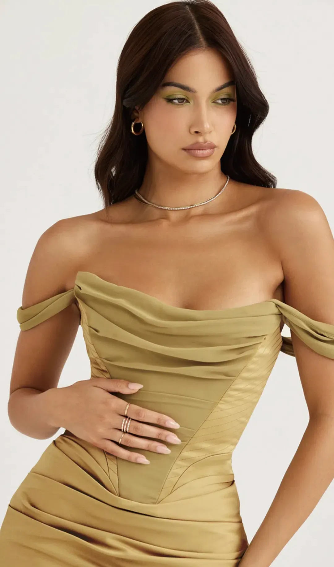 House of CB Natalya Satin Corset Midi Dress Olive Green Size 6 for rent on The Volte - main image