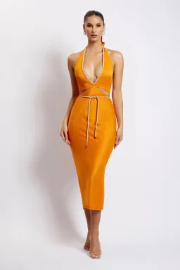 Meshki Lila Diamante Rope Midi Dress in Mandarin Size 12  for rent on The Volte - image 1