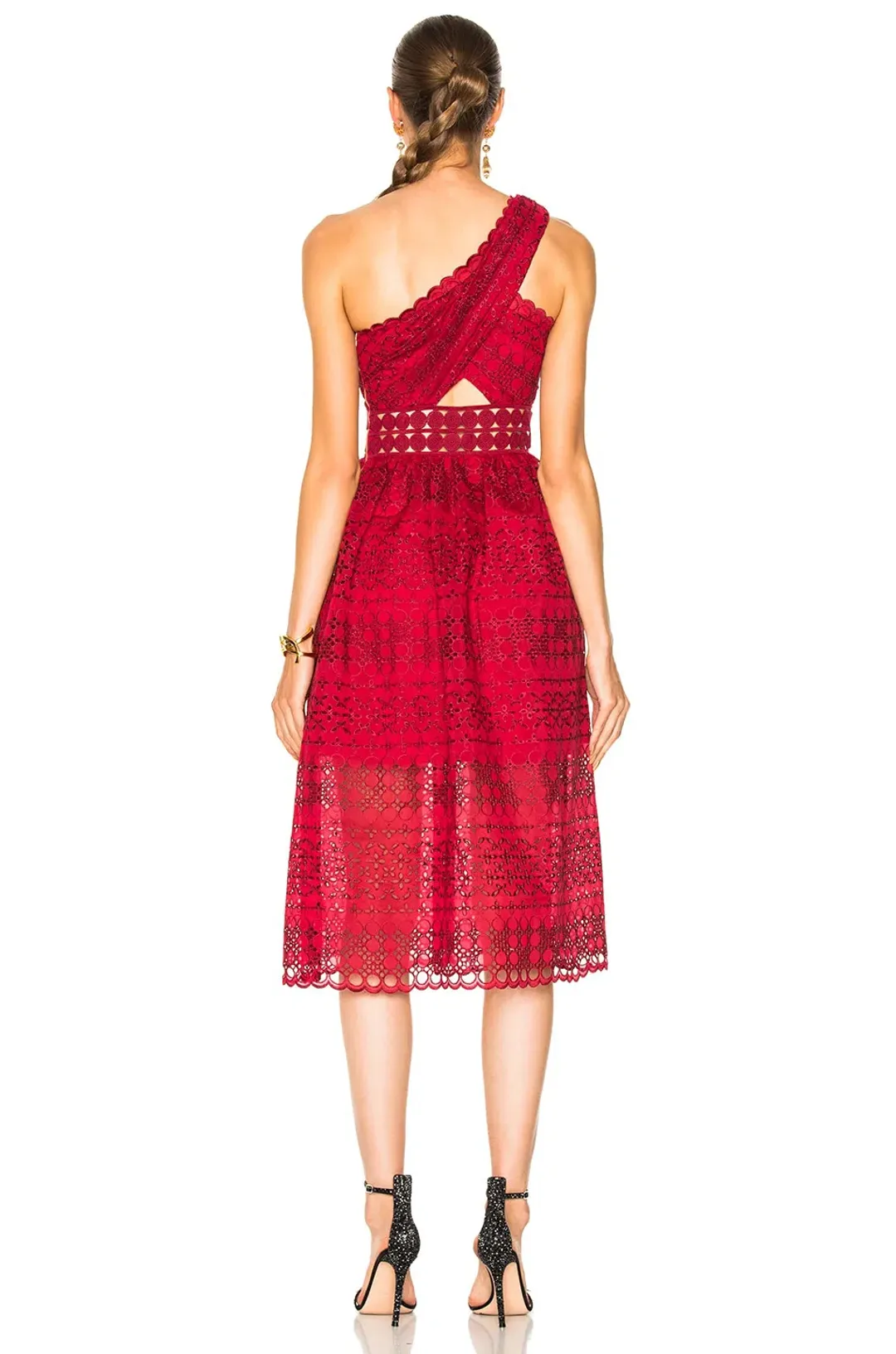 Self Portrait One Shoulder Cut Out Midi Dress Burgundy Size 10 for rent on The Volte - main image