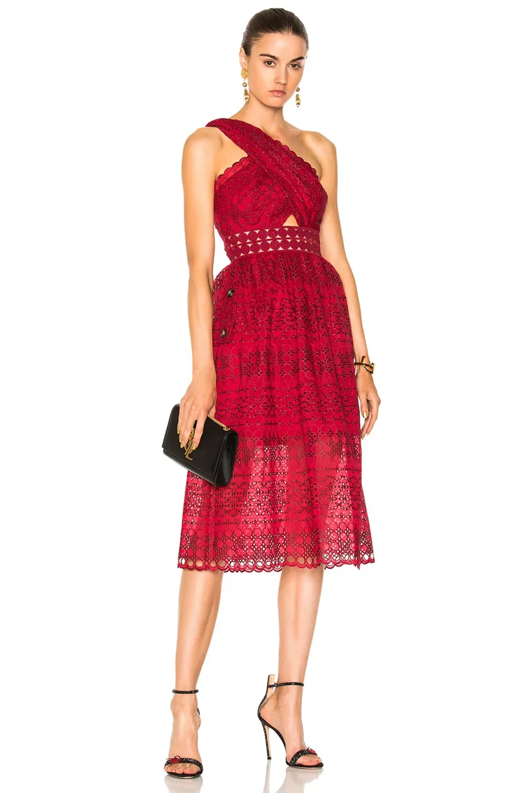 Self Portrait One Shoulder Cut Out Midi Dress Burgundy Size 10 for rent on The Volte - main image