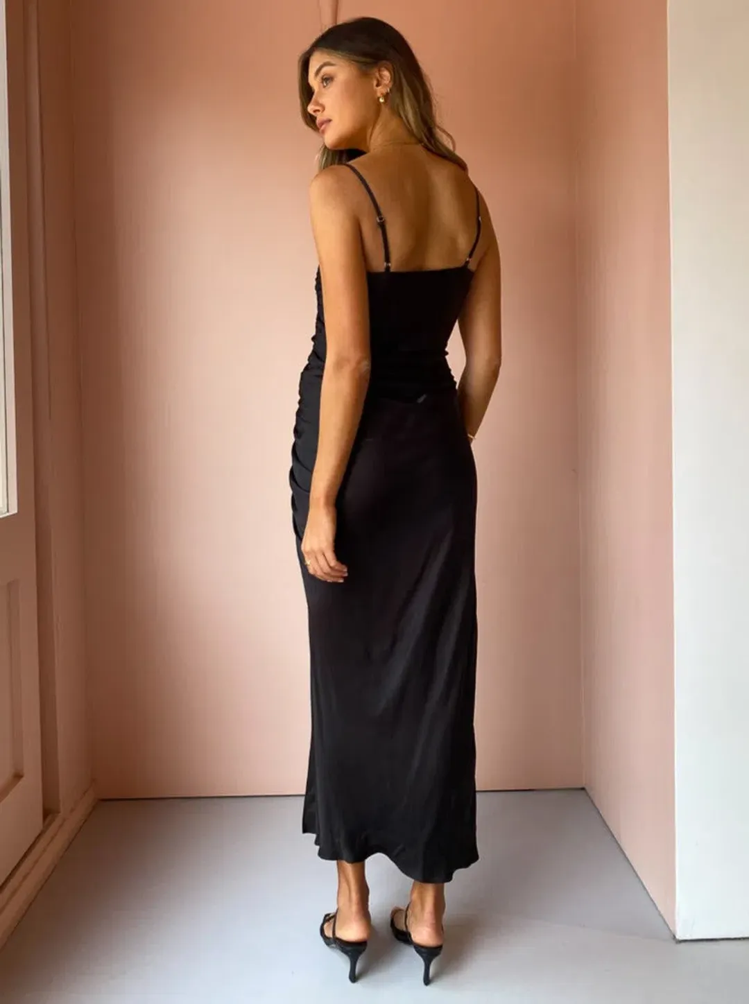 Shona Joy Thalia Bias Ruched Midi Dress Black Size 8 for rent on The Volte - main image