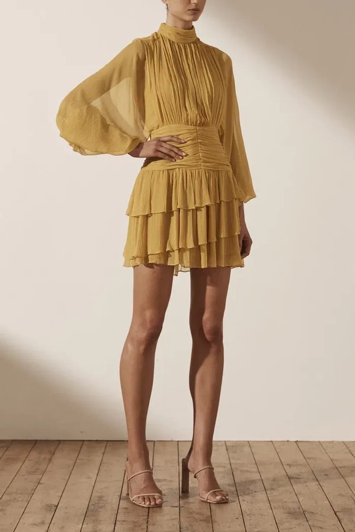 Shona Joy Iris Long Sleeve Ruched Mini Dress Saffron Yellow Size 10 for rent on The Volte - main image