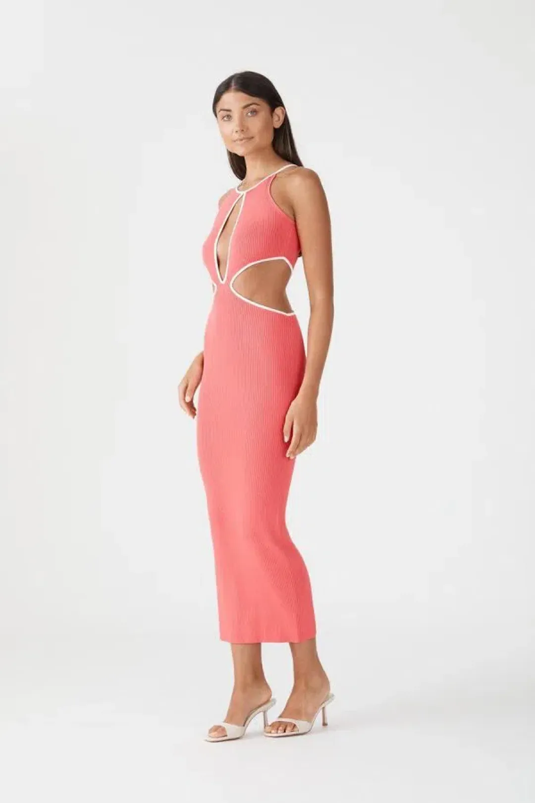 San Sloane Adrian Rib Midi Dress in Coral Pink Size 8 for rent on The Volte - main image