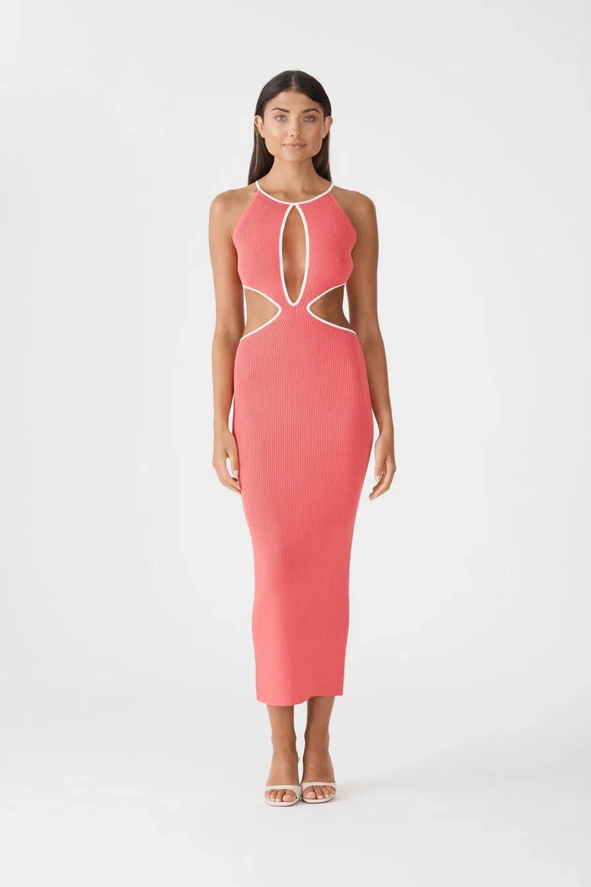 San Sloane Adrian Rib Midi Dress in Coral Pink Size 8 for rent on The Volte - main image