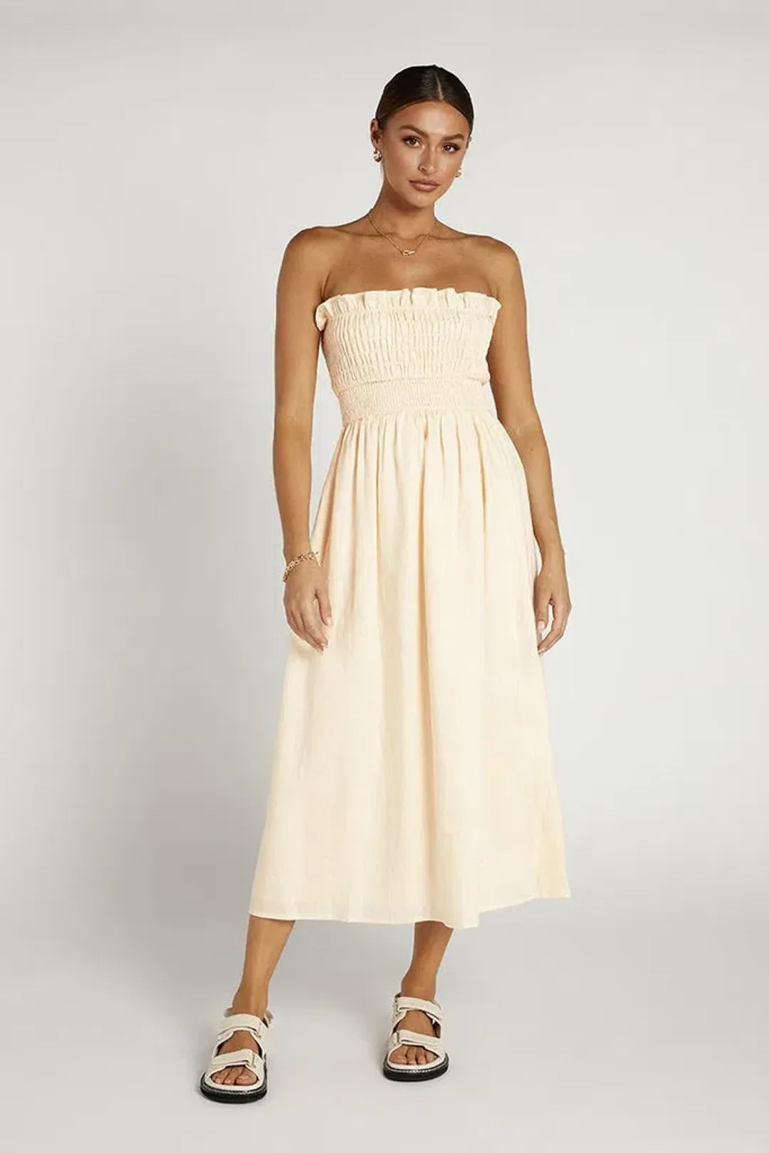 Dissh Thea Cream Shirred Linen Midi Dress Size 8 for rent on The Volte - main image