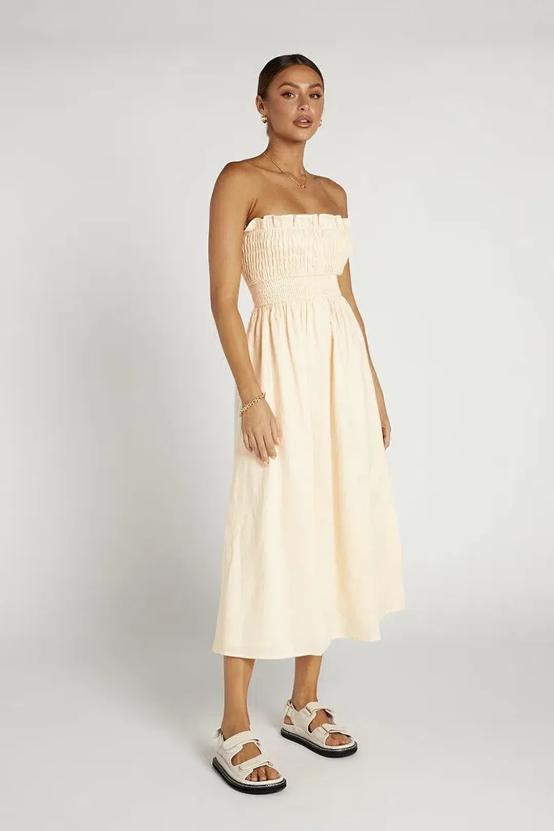 Dissh Thea Cream Shirred Linen Midi Dress Size 8 for rent on The Volte - main image