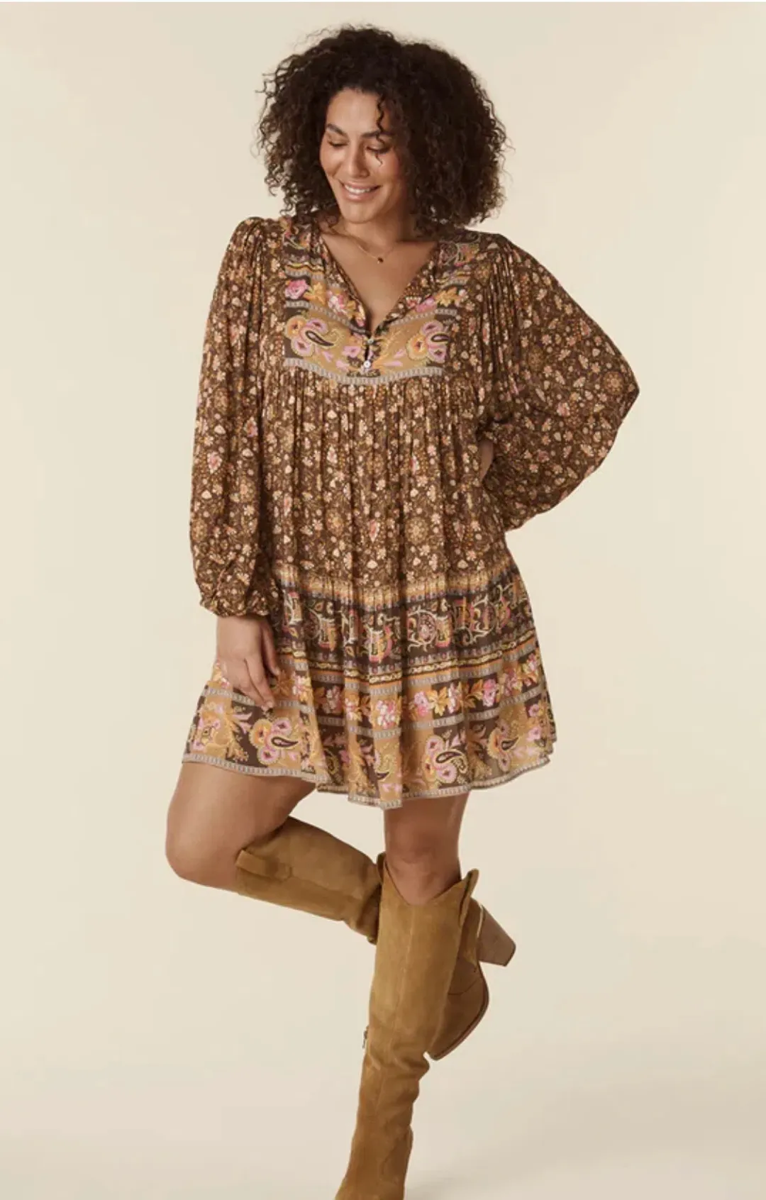 Spell Madame Peacock Boho Mini Dress Coffee Size 8  for rent on The Volte - main image
