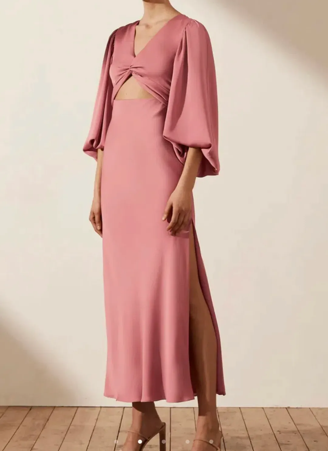 Shona Joy Luxe Twist Front Balloon Sleeve Midi Dress Dusty Pink Size 14 for rent on The Volte - main image