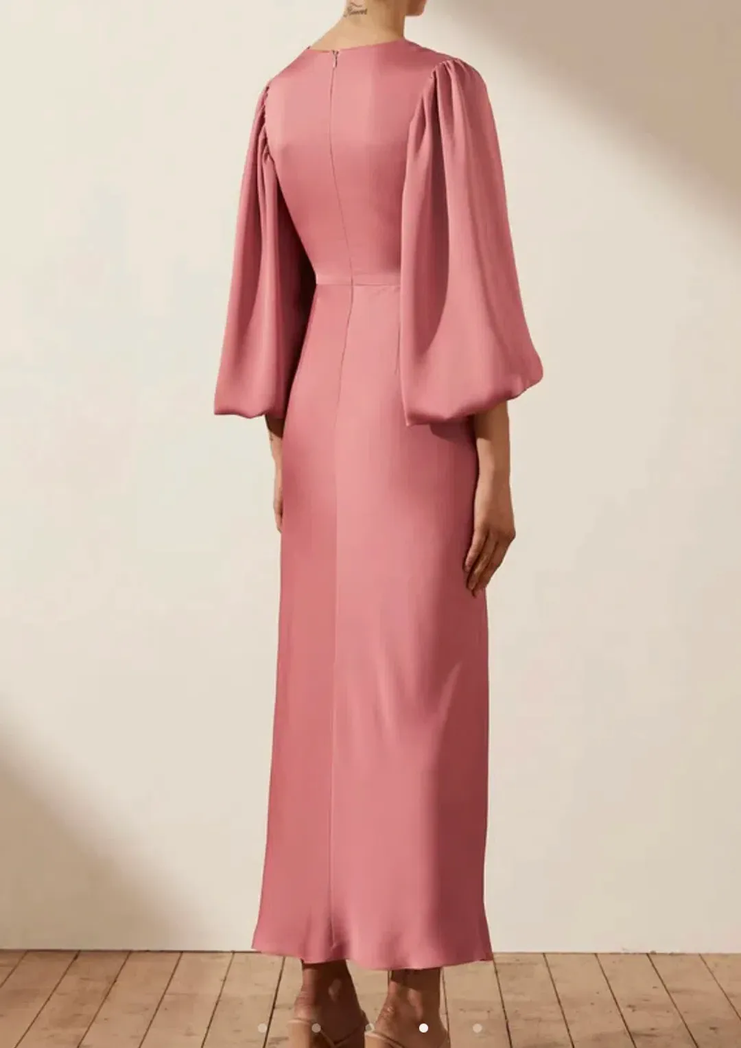 Shona Joy Luxe Twist Front Balloon Sleeve Midi Dress Dusty Pink Size 14 for rent on The Volte - main image