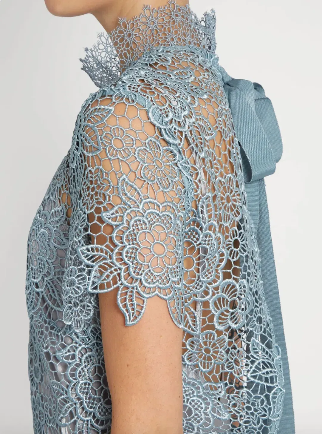 Self Portrait Peep Back Floral Lace Mini Dress Light Blue Size 10 for rent on The Volte - main image