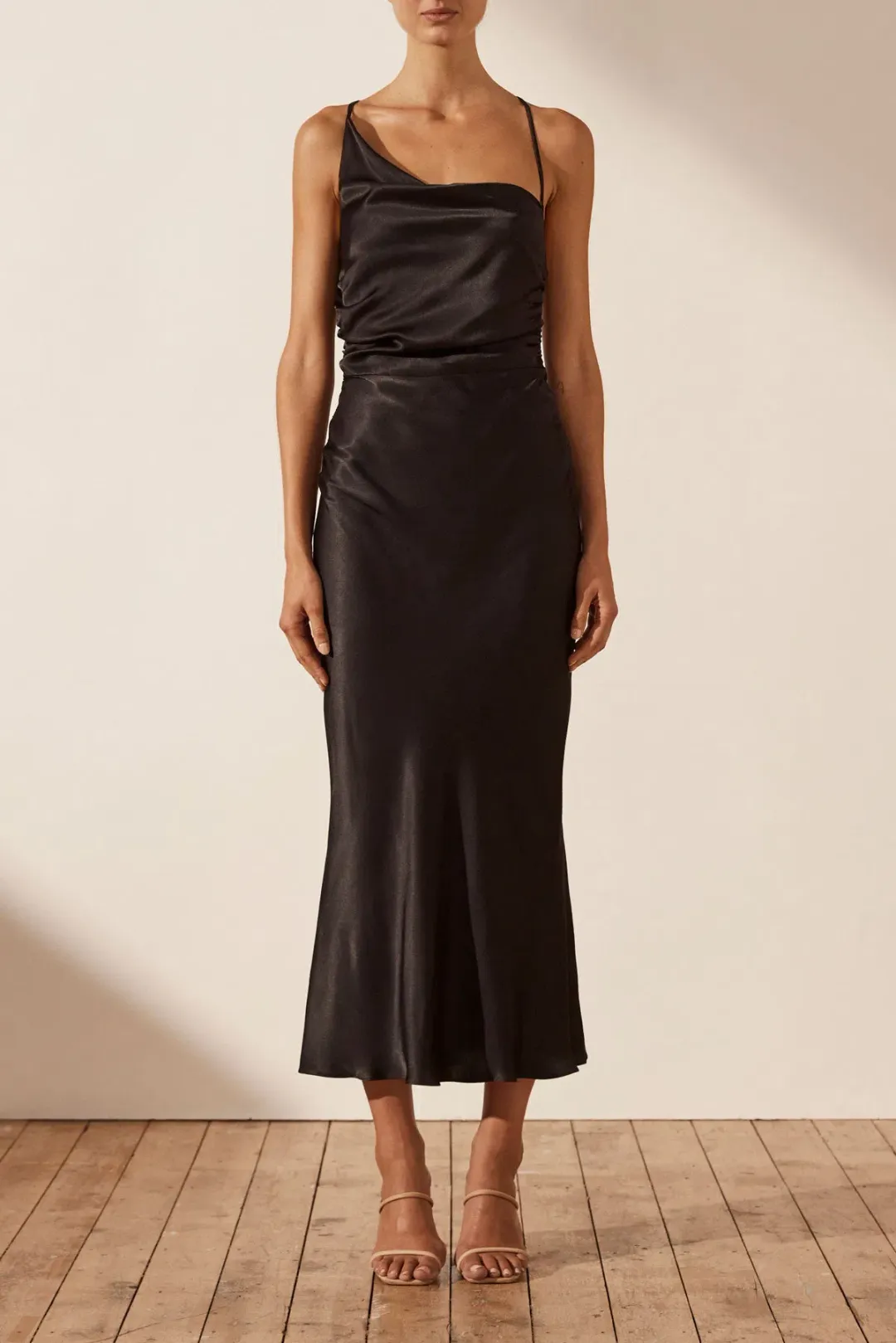 Shona Joy La Lune Asymmetrical Bias Cow Midi Dress Black Size 8 for rent on The Volte - main image