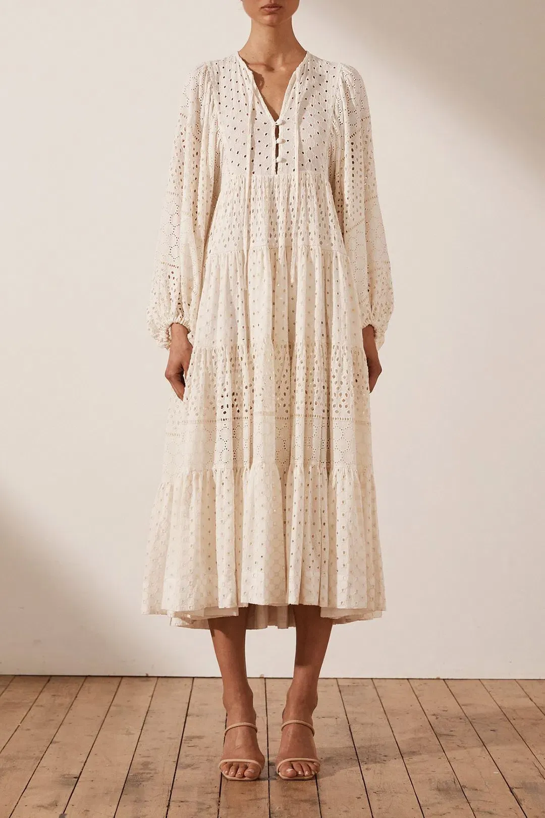 Shona Joy Vivienne Balloon Sleeve Tiered Midi Dress Ivory Size 14 for rent on The Volte - main image