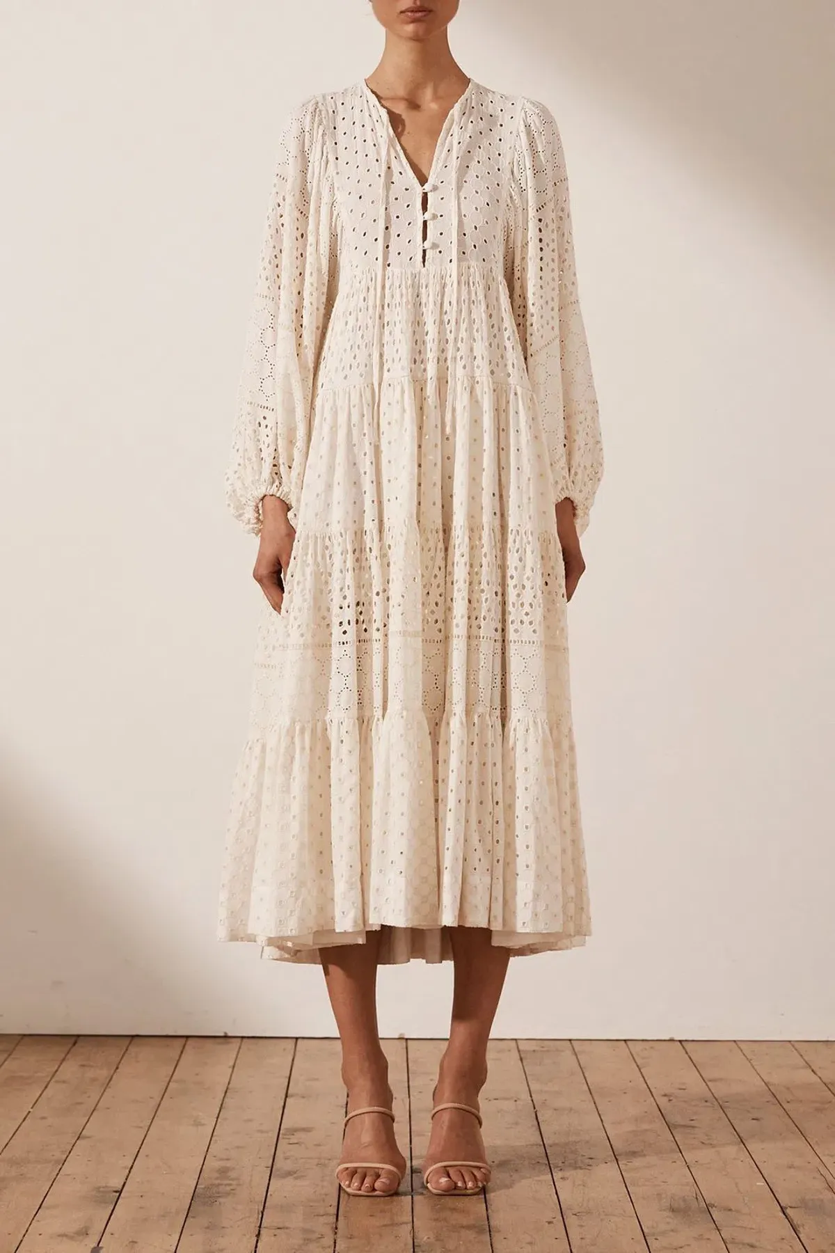Shona Joy Vivienne Balloon Sleeve Tiered Midi Dress Ivory Size 14 for rent on The Volte - main image