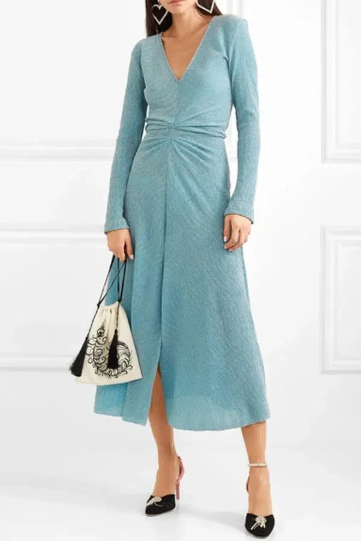 Rotate by Birger Christensen Gathered Metallic Stretch-Knit Dress Blue Size 8 for rent on The Volte - main image