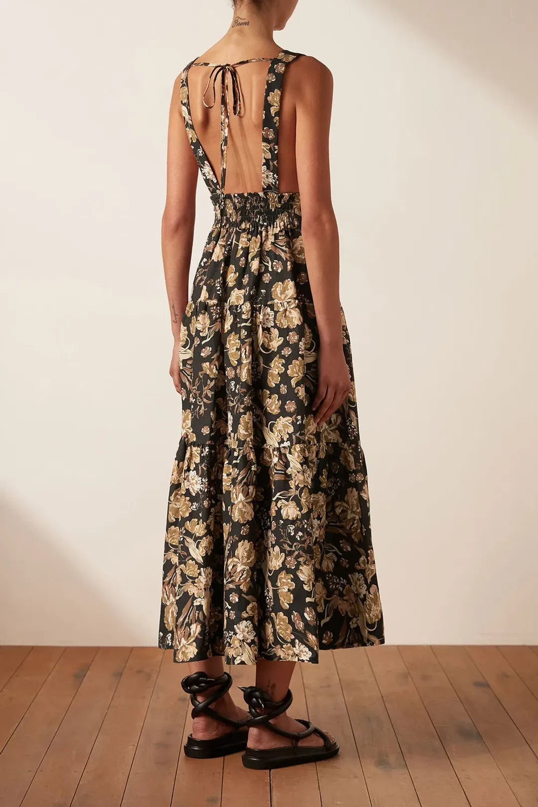 Shona Joy Palermo Linen Plunged Low Back Midi Dress Floral Size 10 for rent on The Volte - main image
