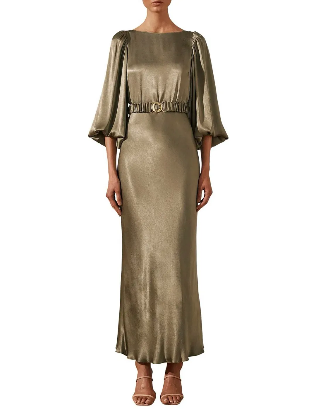 Shona Joy La Lune Balloon Sleeve Midi Dress With Belt in Moss Size 6 / XS for rent on The Volte - main image