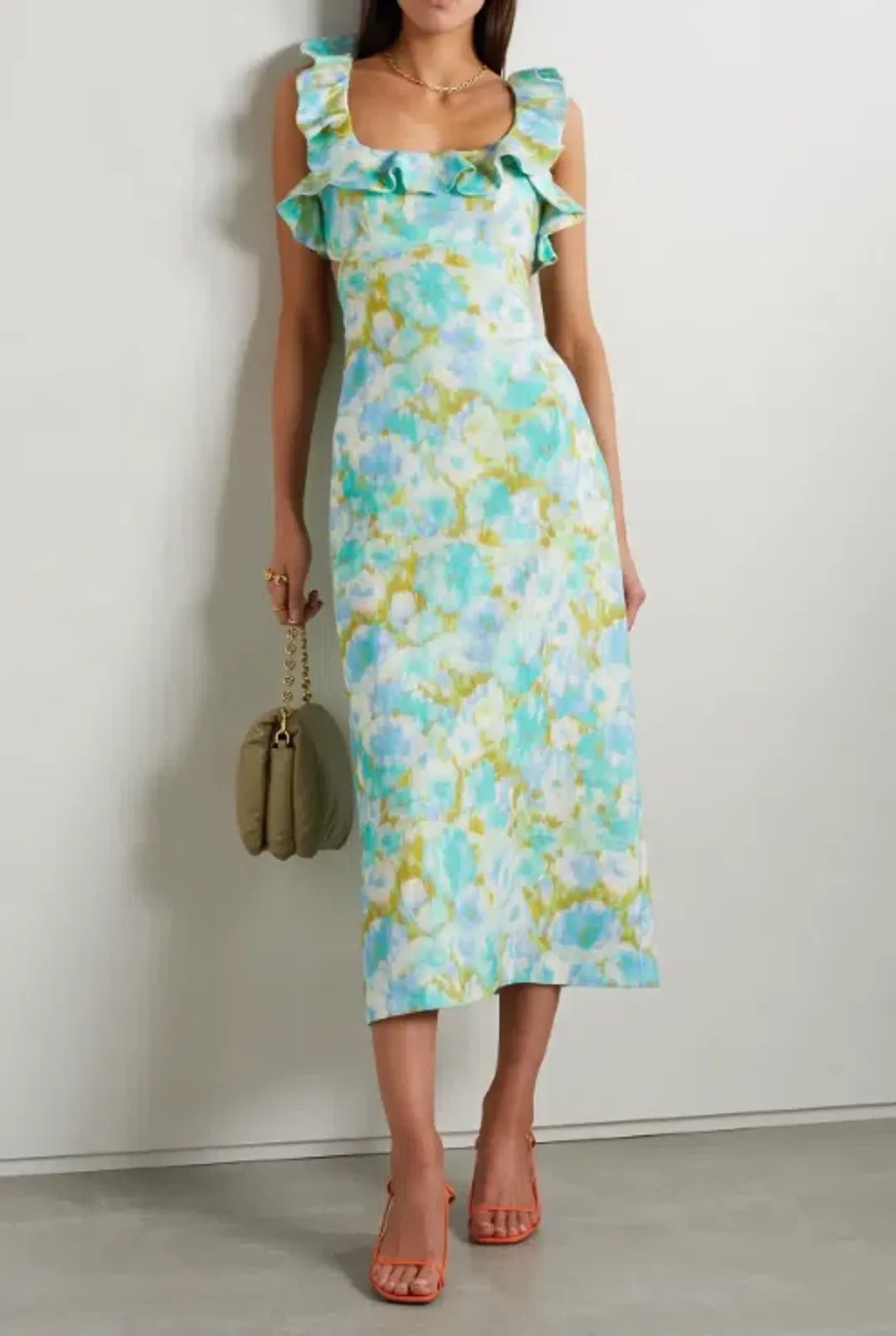 Zimmermann The High Tide Frilled Midi in Aqua Ikat Floral Size 12 for rent on The Volte - main image