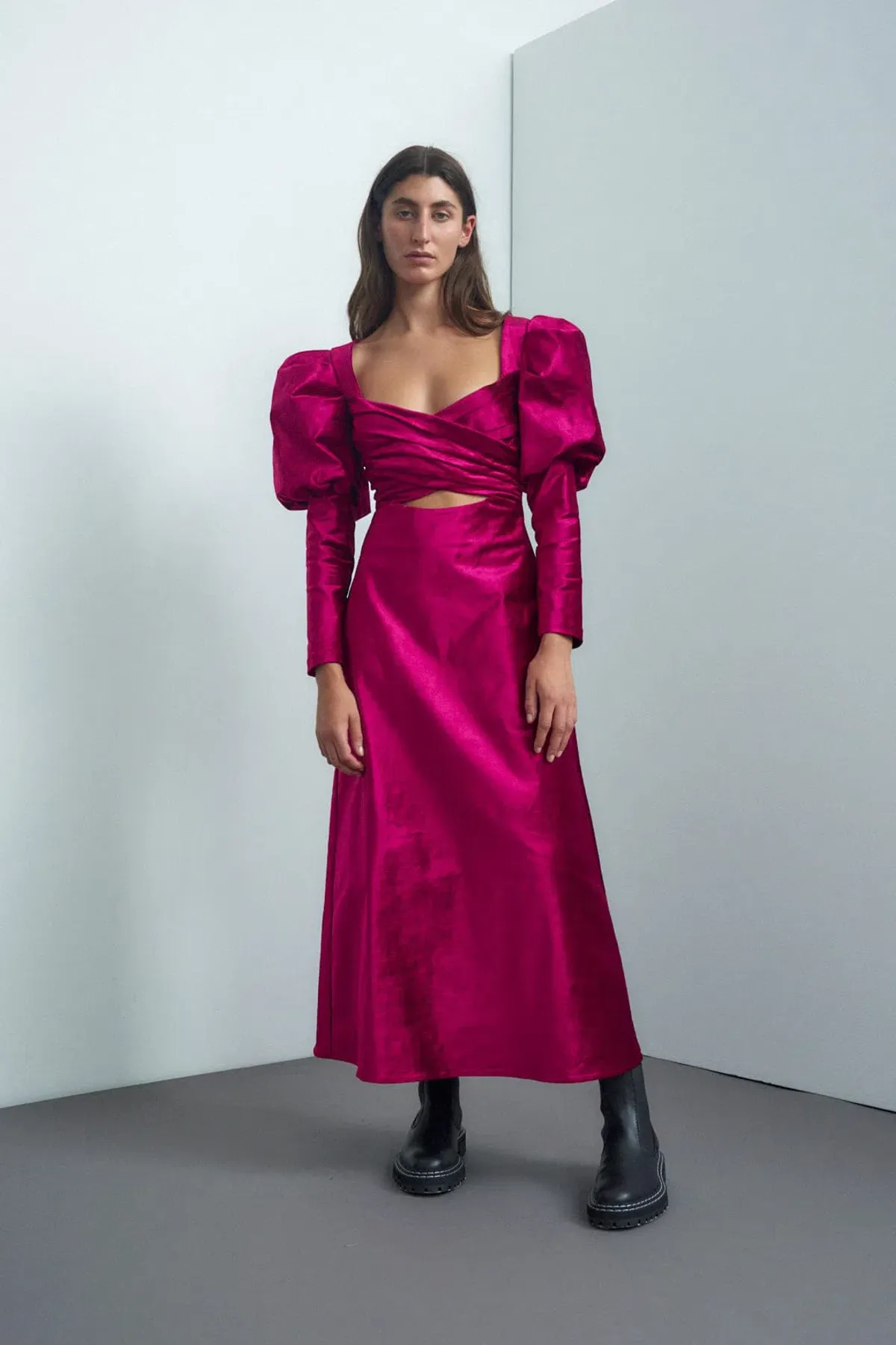 Alamais Rosario Puff Sleeve Midi Dress Fushia Size 10  for rent on The Volte - main image