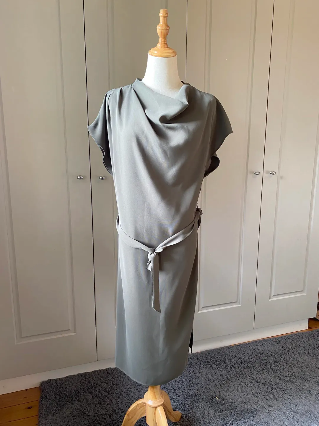 Veronika Maine Drapey Weave Drape Neck Midi Dress Khaki Size 14 for rent on The Volte - main image