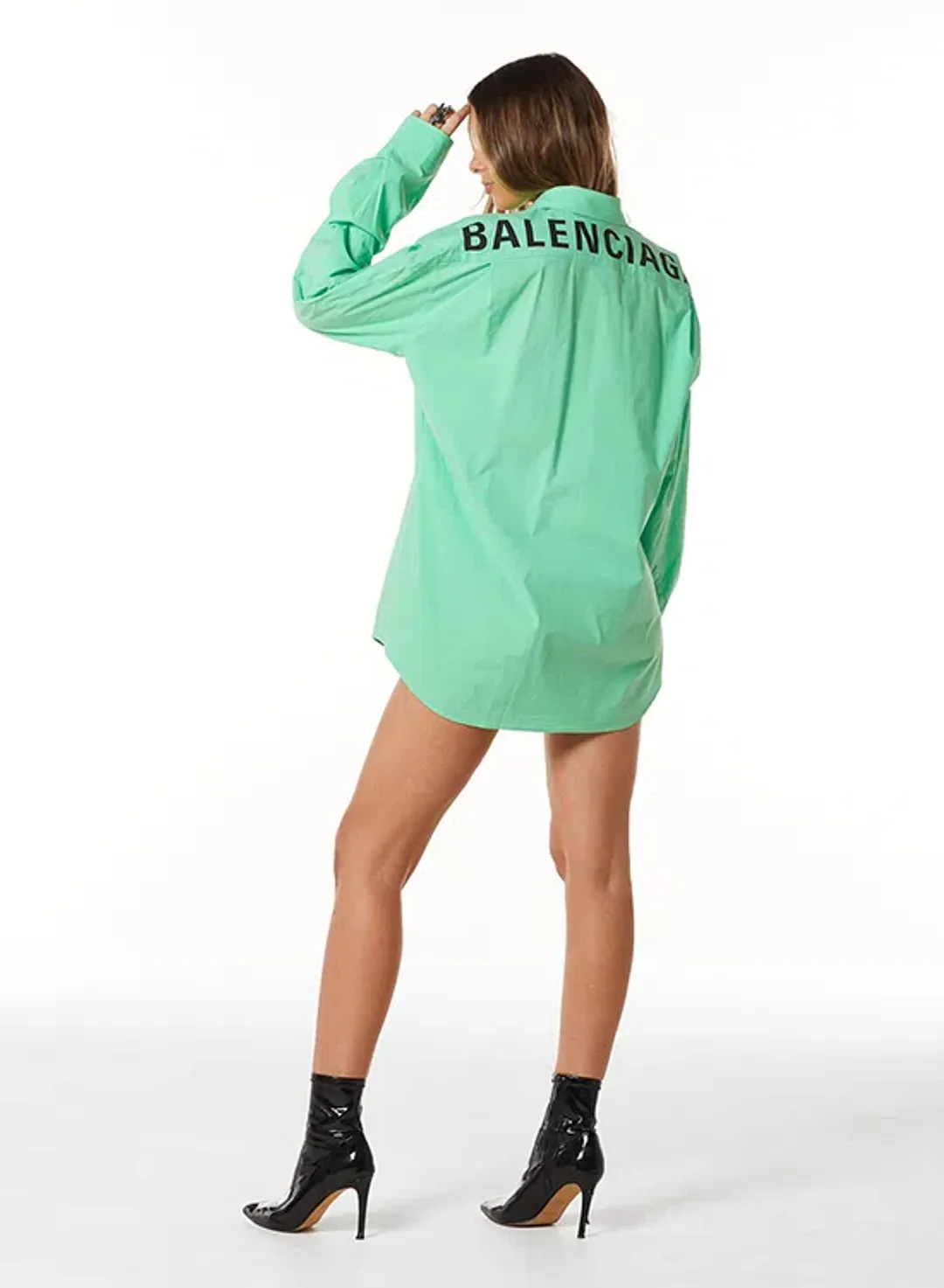 Balenciaga Printed Back Logo Cotton Poplin Shirt In Neon Green Size M/AU 8 for rent on The Volte - main image