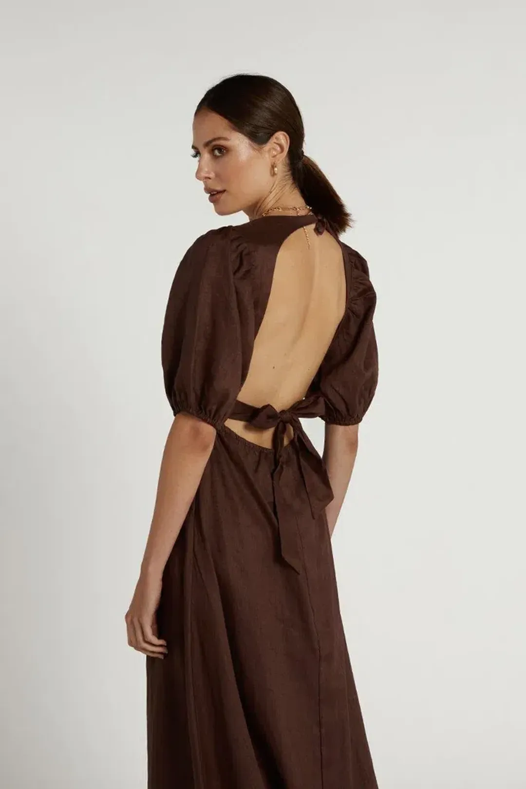 Dissh Remi Linen Midi Dress Chocolate Size 6 for rent on The Volte - main image